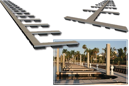 Wahoo commercial aluminum dock footprint layout diagram with example marina photo