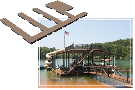 Wahoo custom aluminum dock footprint layout diagram with example dock photo