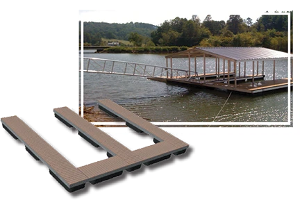 Wahoo double-slip aluminum dock footprint layout diagram with example dock photo