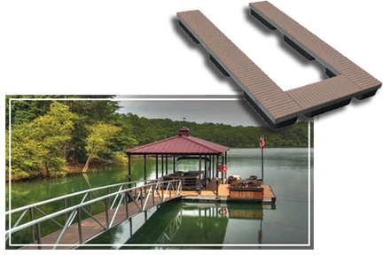 Wahoo single-slip aluminum dock footprint layout diagram with example dock photo